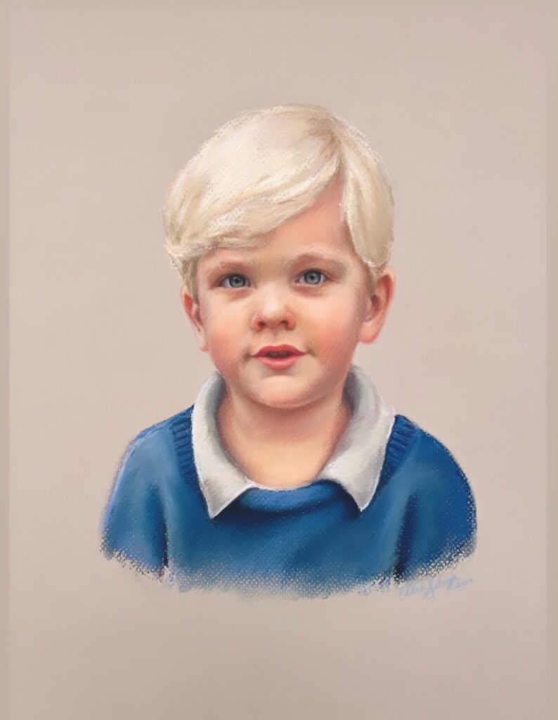 Pastel portrait of a child drawn by Ellie Sibiga.