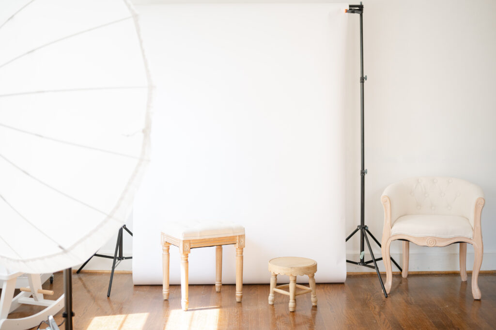 Photography studio set up for classic heirloom portraits.