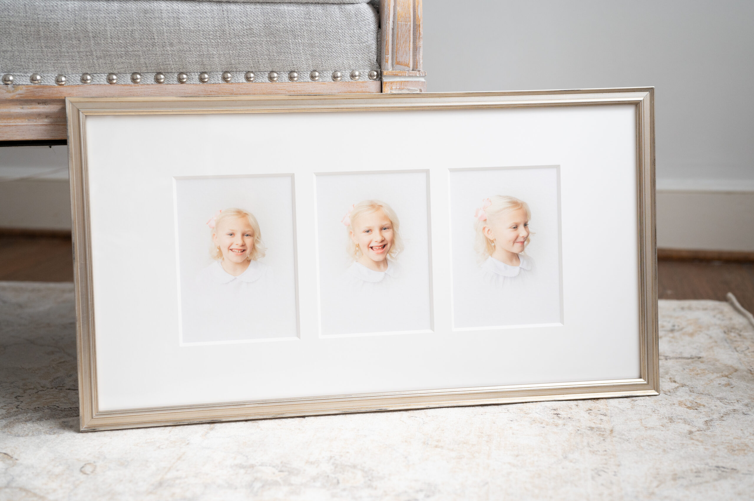 Classic framed composite heirloom portrait in a champagne frame.