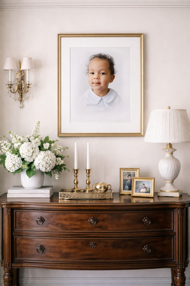Custom framed timeless children's portrait displayed over family's buffet in dining room.