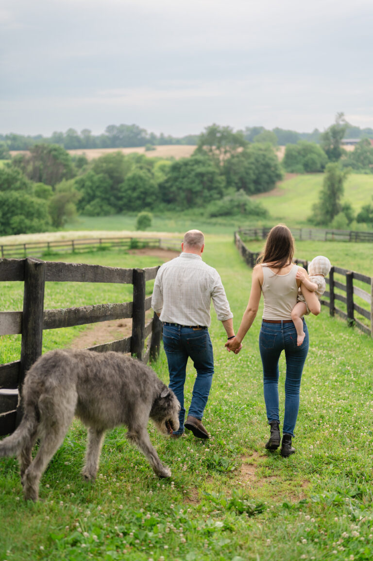 Mom, dad, toddler and family dog walk around thier farm.