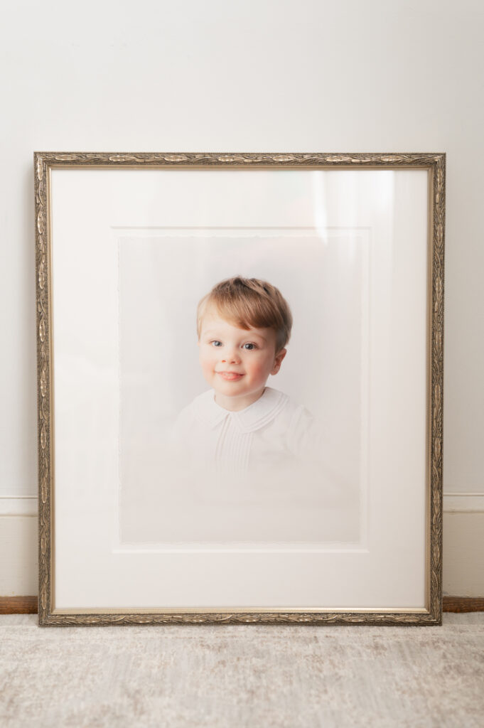 A custom delicate gold-framed heirloom portrait for a family in Windsor Farms, Va.